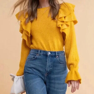 Rachel Parcell Ruffle Shoulder Pointelle Sweater Yellow